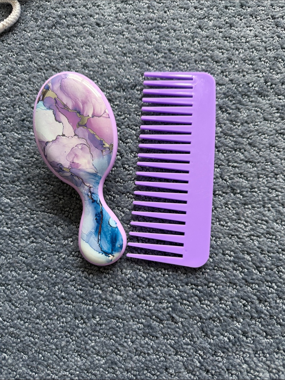 Purple Marble Detangling Hair Brush and Wide-Tooth Comb Set